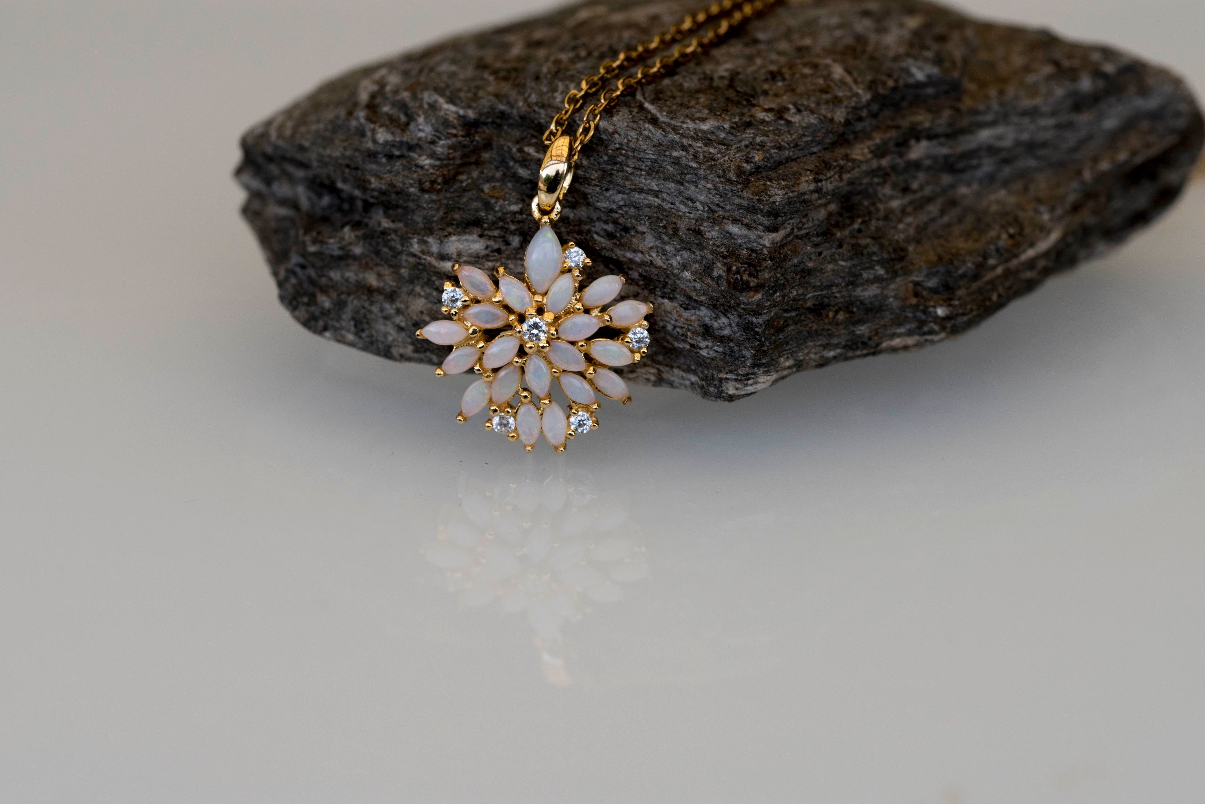 Australian Natural Opal Flower Necklace: Sterling Silver Yellow Gold Plated Pendant