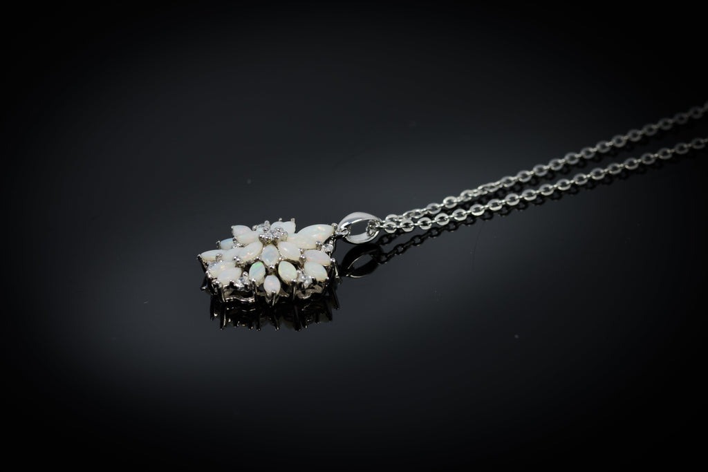 Australian Natural White Opal Necklace: Sterling Silver White Gold Plated Floral Pendant