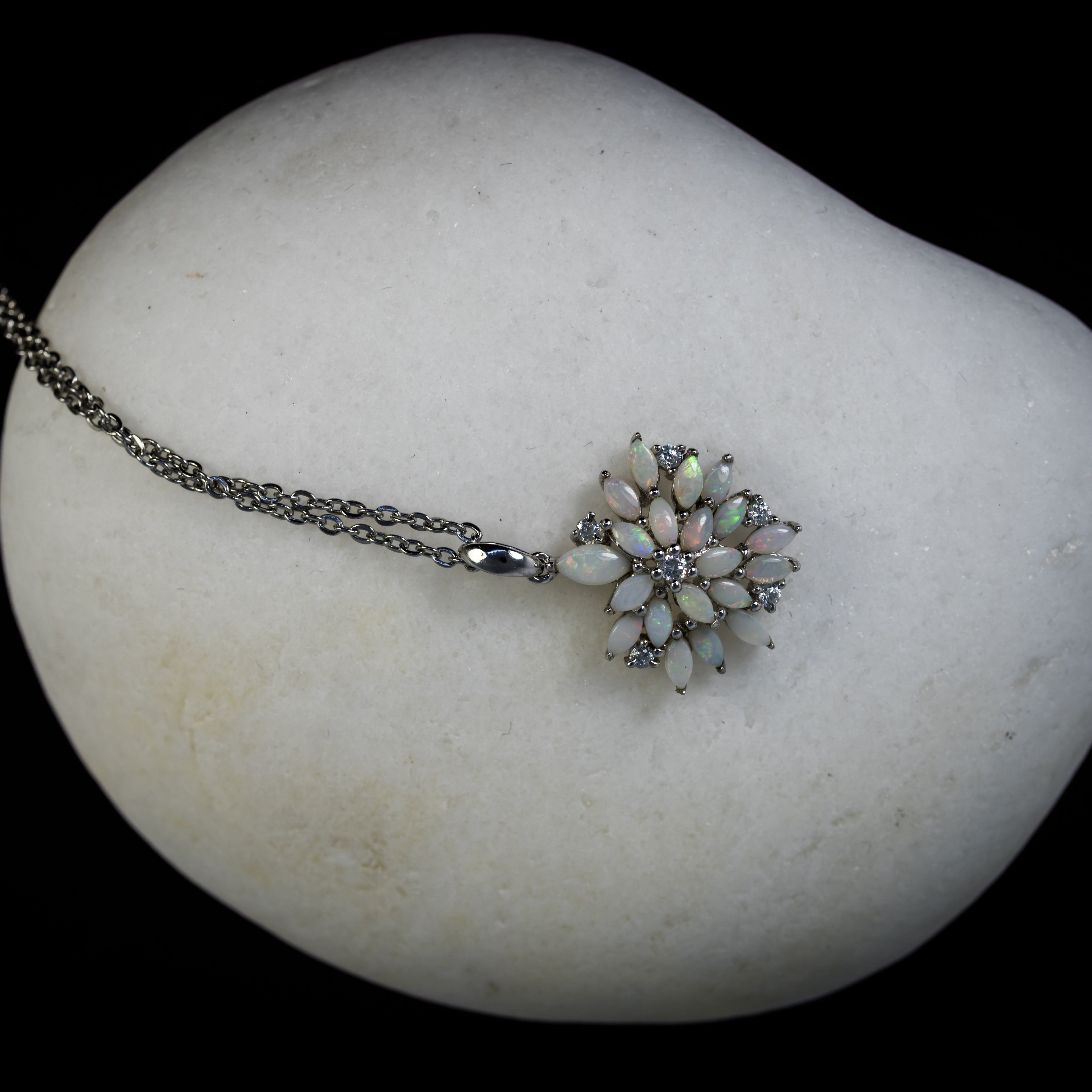Australian Natural White Opal Necklace: Sterling Silver White Gold Plated Floral Pendant