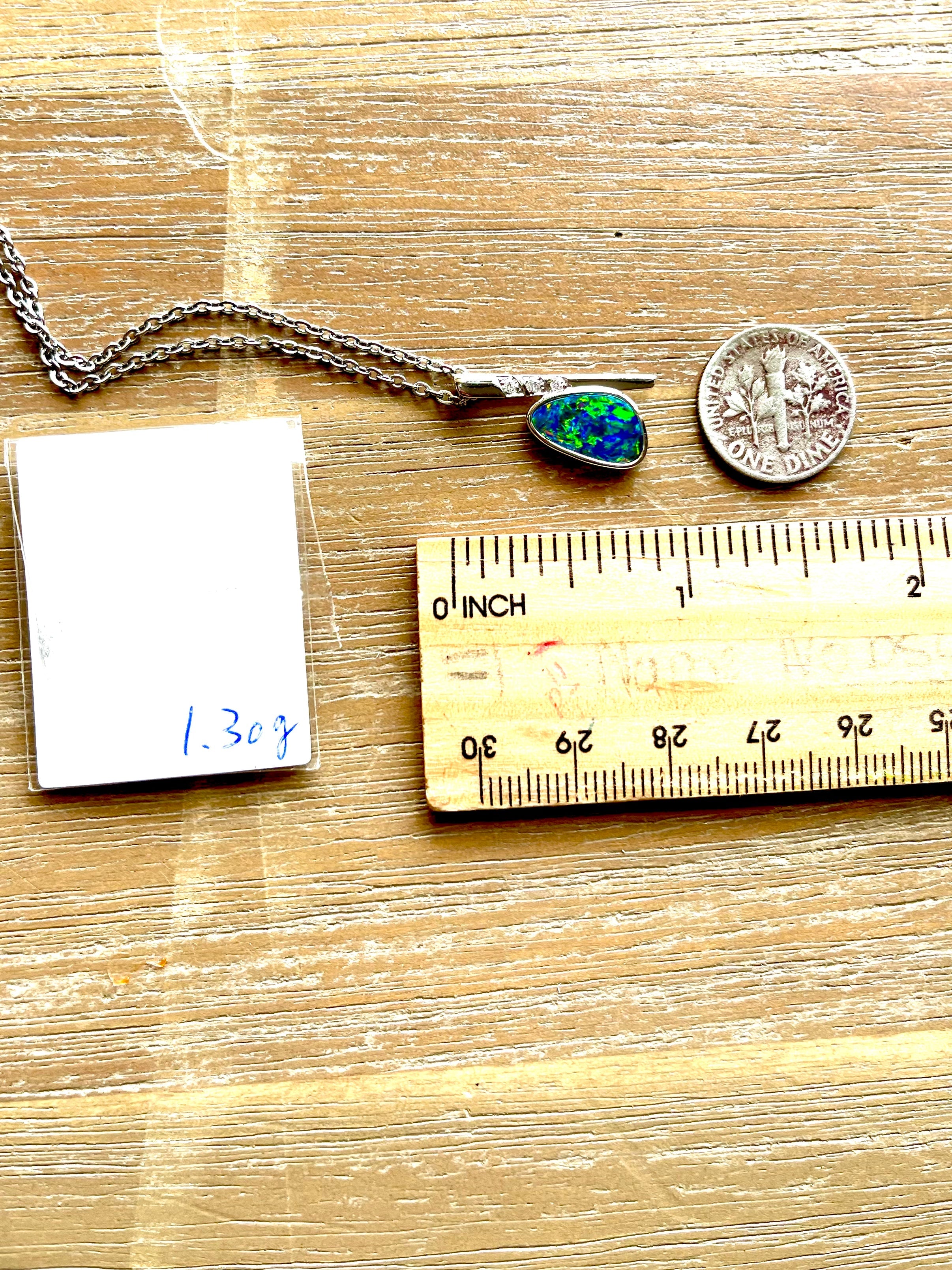 Australian Natural Opal in 14K Solid White Gold - Multi Color Fire Opal Necklace - Genuine Australian Doublet Opal Gem Stone Pendant