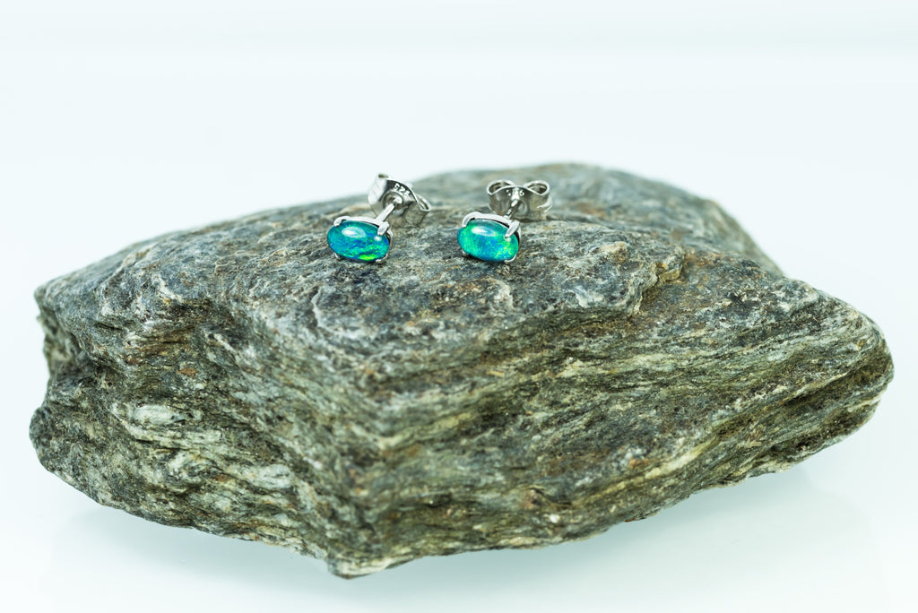 Dainty Australian Triplet Opal Earrings - Green Blue Fire Opal - Genuine Australian Triplet Opal Earrings in Sterling Silver White Gold Plated Simple Design