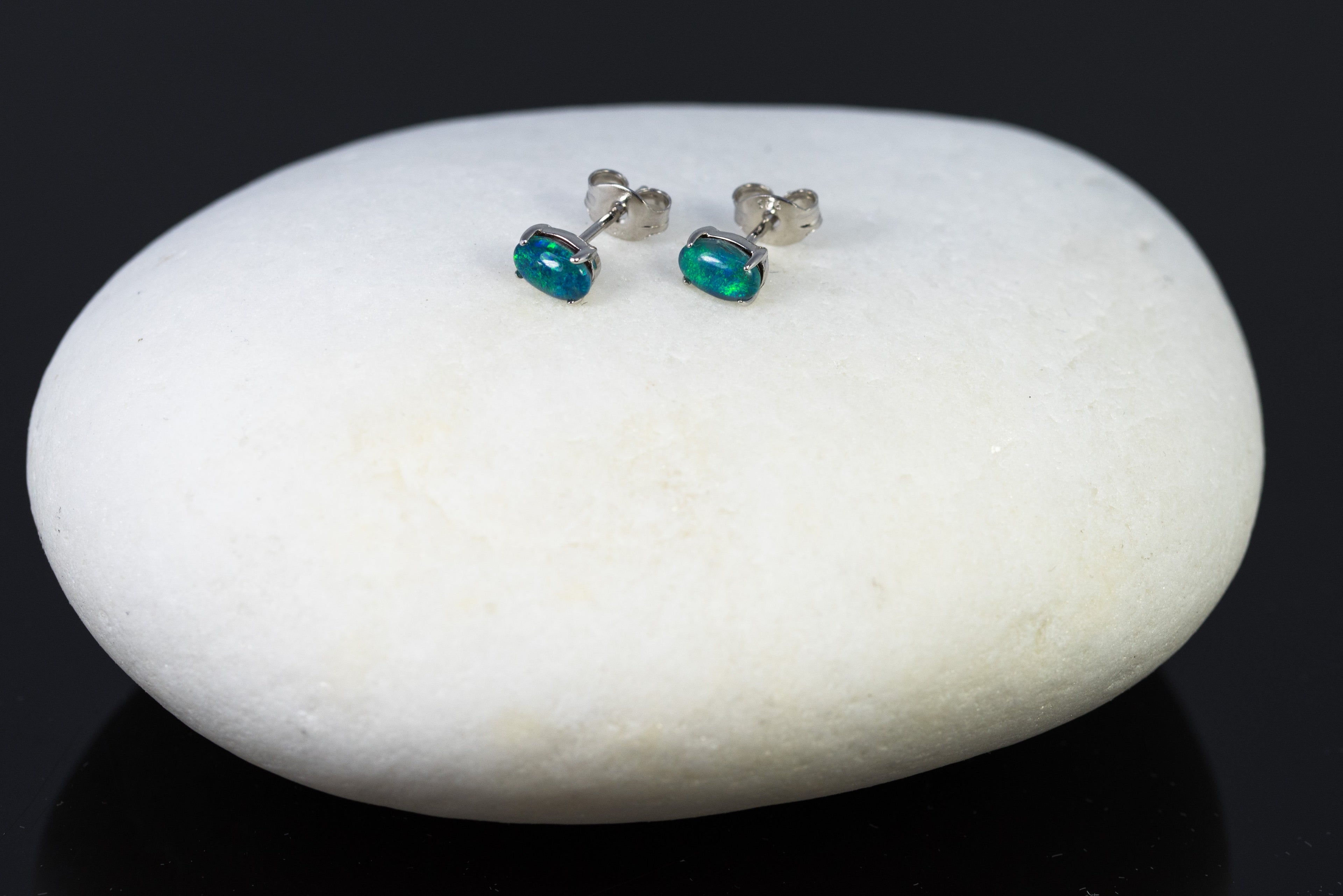 Dainty Australian Triplet Opal Earrings - Green Blue Fire Opal - Genuine Australian Triplet Opal Earrings in Sterling Silver White Gold Plated Simple Design