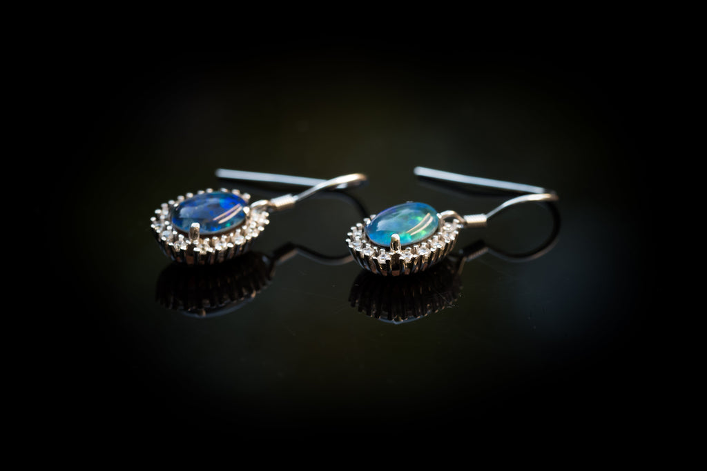Australian Triplet Opal Earrings - Green Blue Fire Opal - Genuine Australian Triplet Opal Earrings in Sterling Silver White Gold Plated