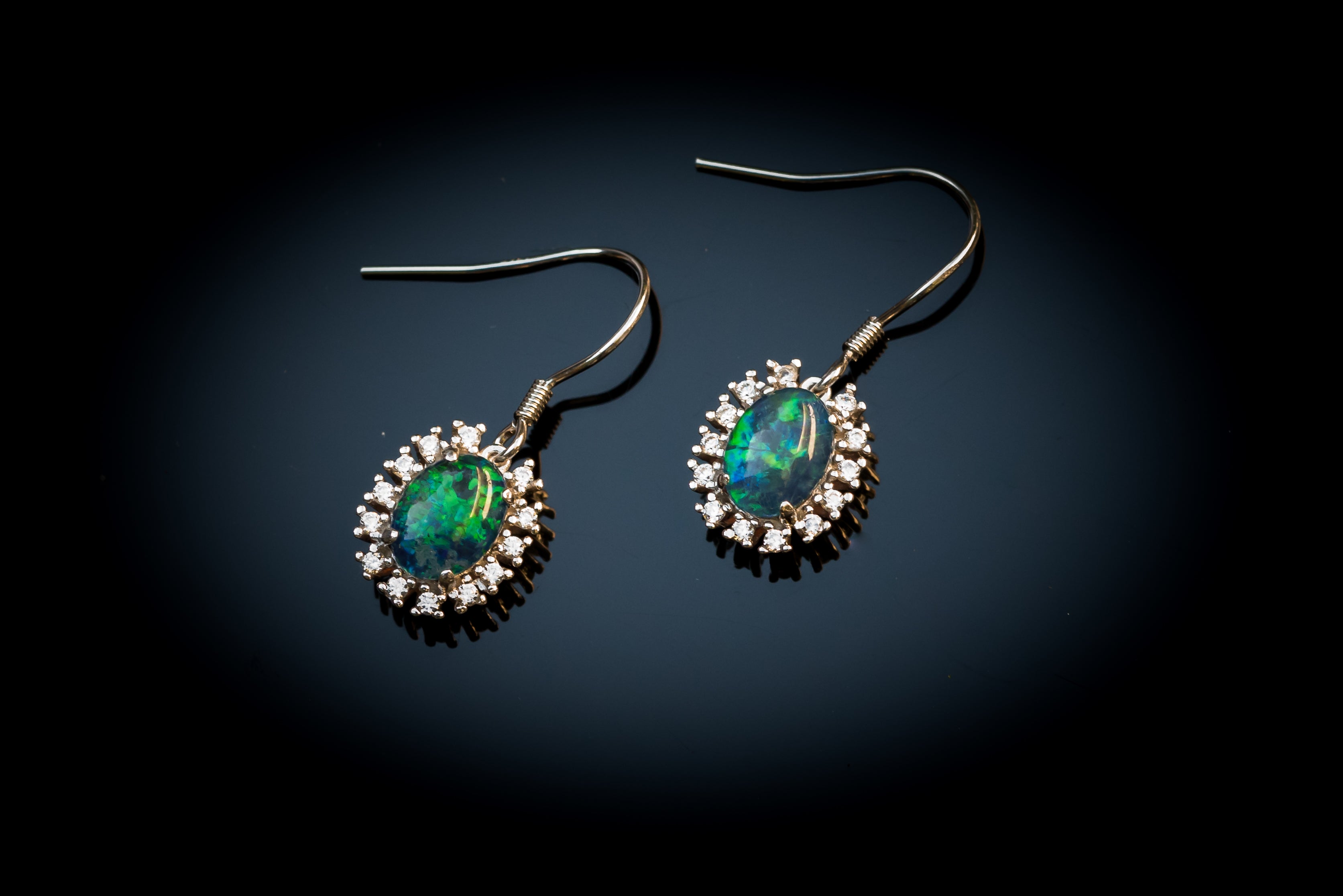 Australian Triplet Opal Earrings - Green Blue Fire Opal - Genuine Australian Triplet Opal Earrings in Sterling Silver White Gold Plated