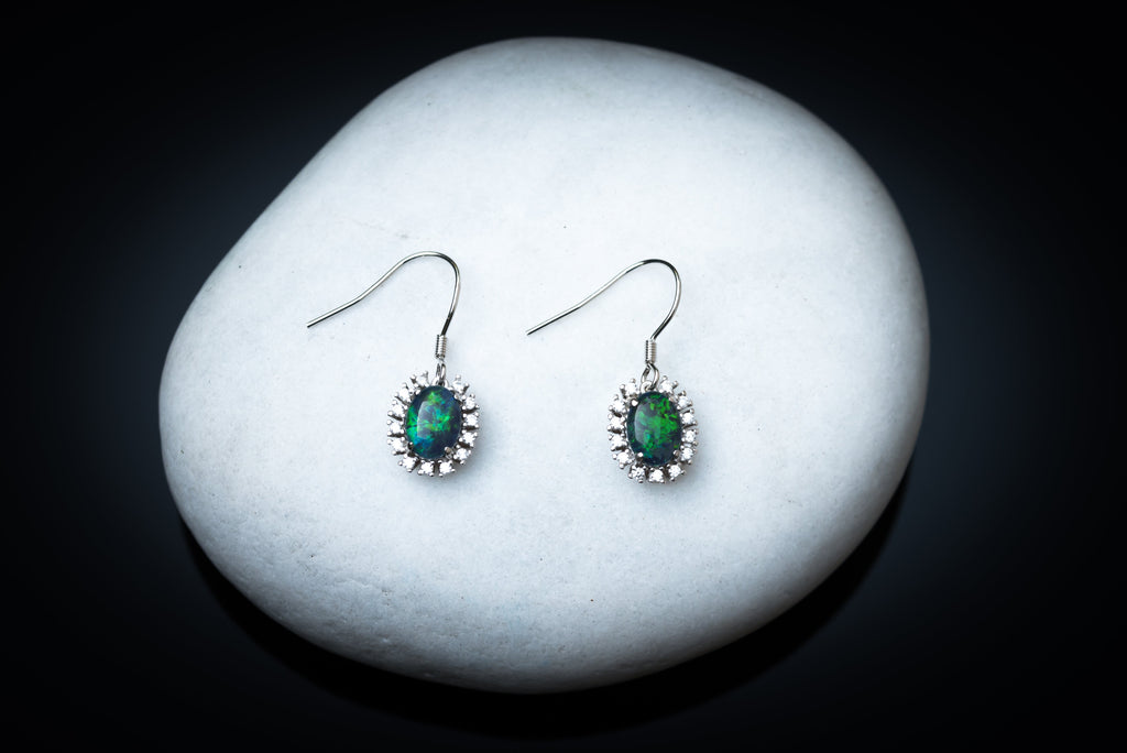 Australian Triplet Opal Earrings - Green Blue Fire Opal - Genuine Australian Triplet Opal Earrings in Sterling Silver White Gold Plated