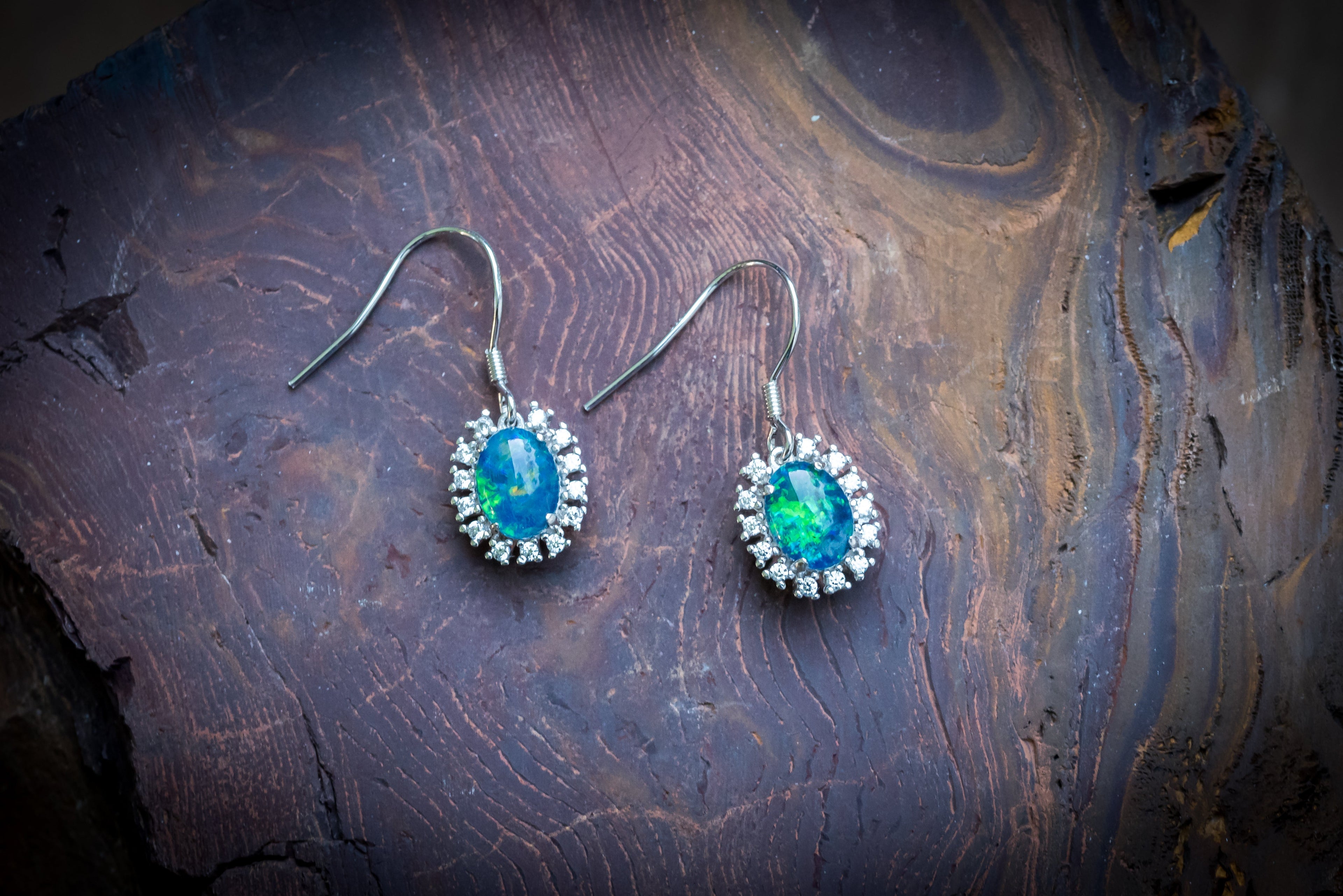 Australian Triplet Opal Earrings - Green Blue Fire Opal - Genuine Australian Triplet Opal Earrings in Sterling Silver White Gold Plated