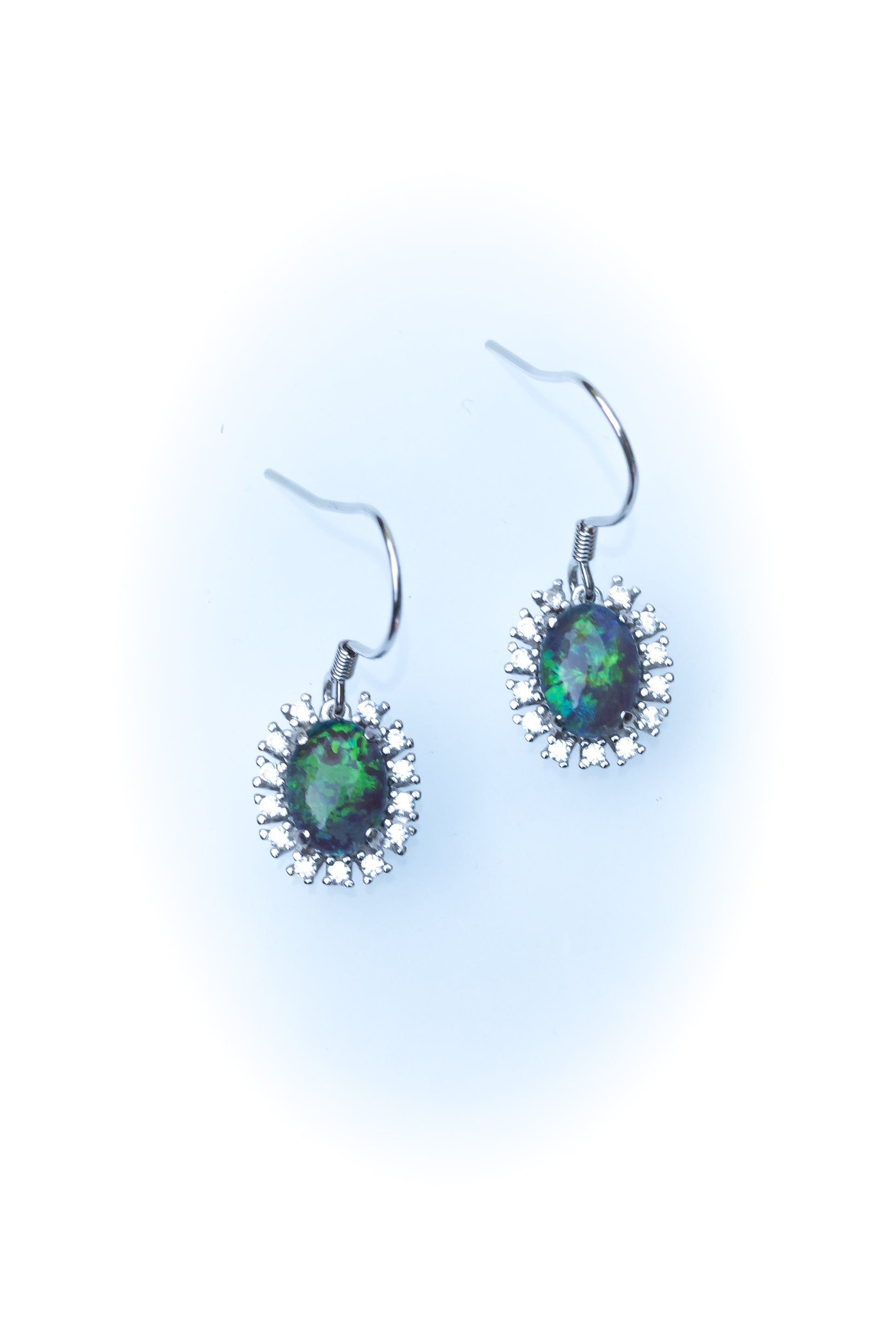 Australian Triplet Opal Earrings - Green Blue Fire Opal - Genuine Australian Triplet Opal Earrings in Sterling Silver White Gold Plated