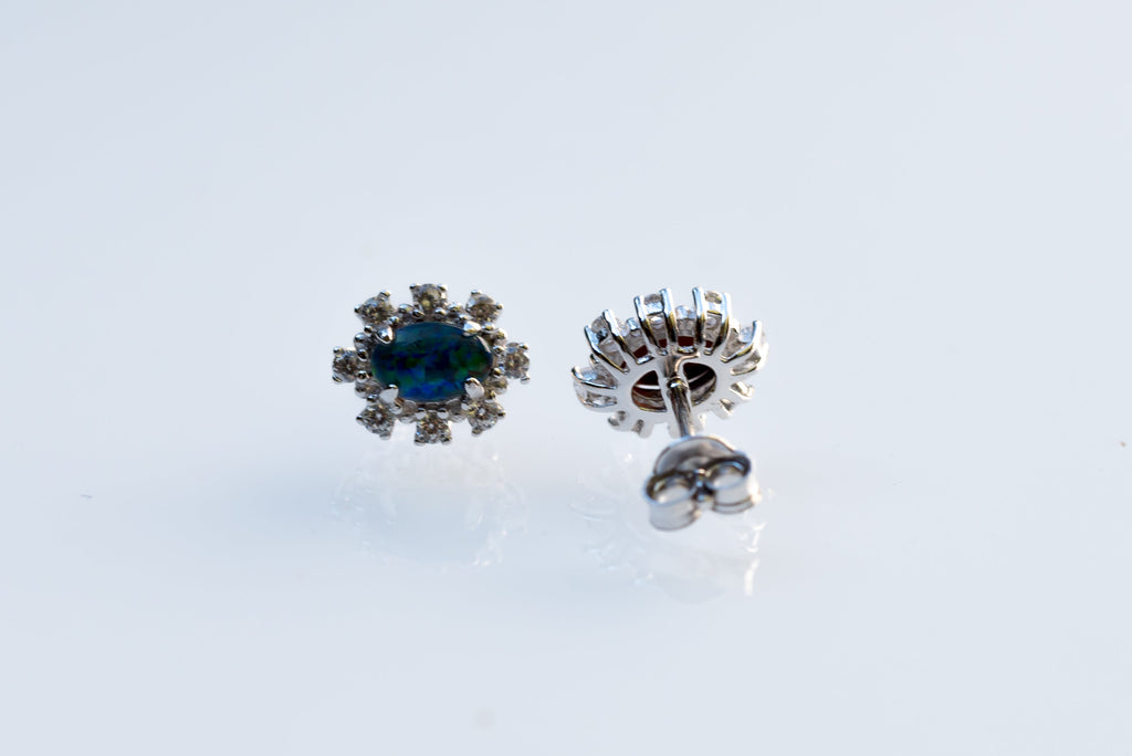 Dainty Australian Opal Earrings - Green Blue Fire Opal - Genuine Australian Triplet Opal Earrings in Sterling Silver White Gold Plated