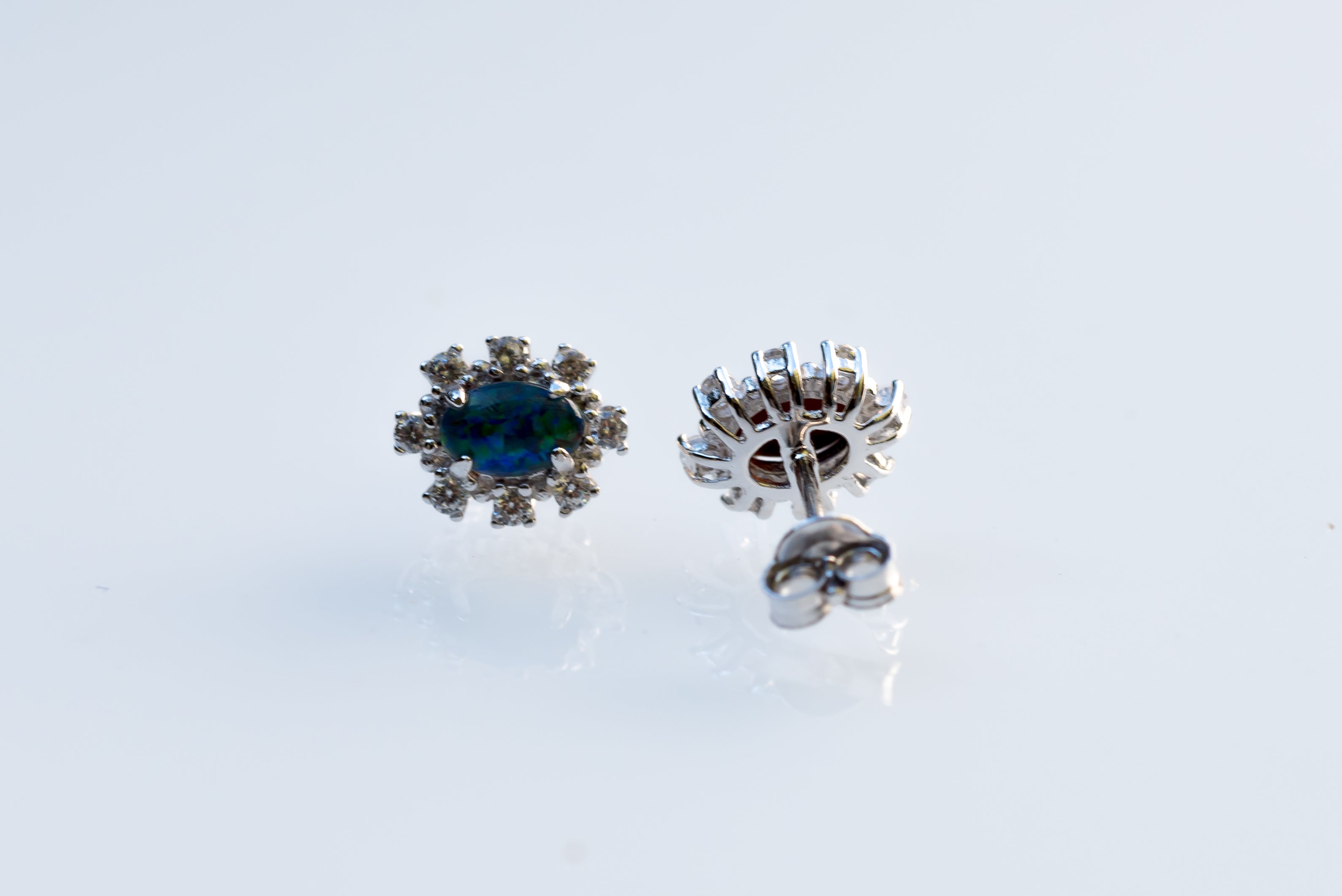 Dainty Australian Opal Earrings - Green Blue Fire Opal - Genuine Australian Triplet Opal Earrings in Sterling Silver White Gold Plated