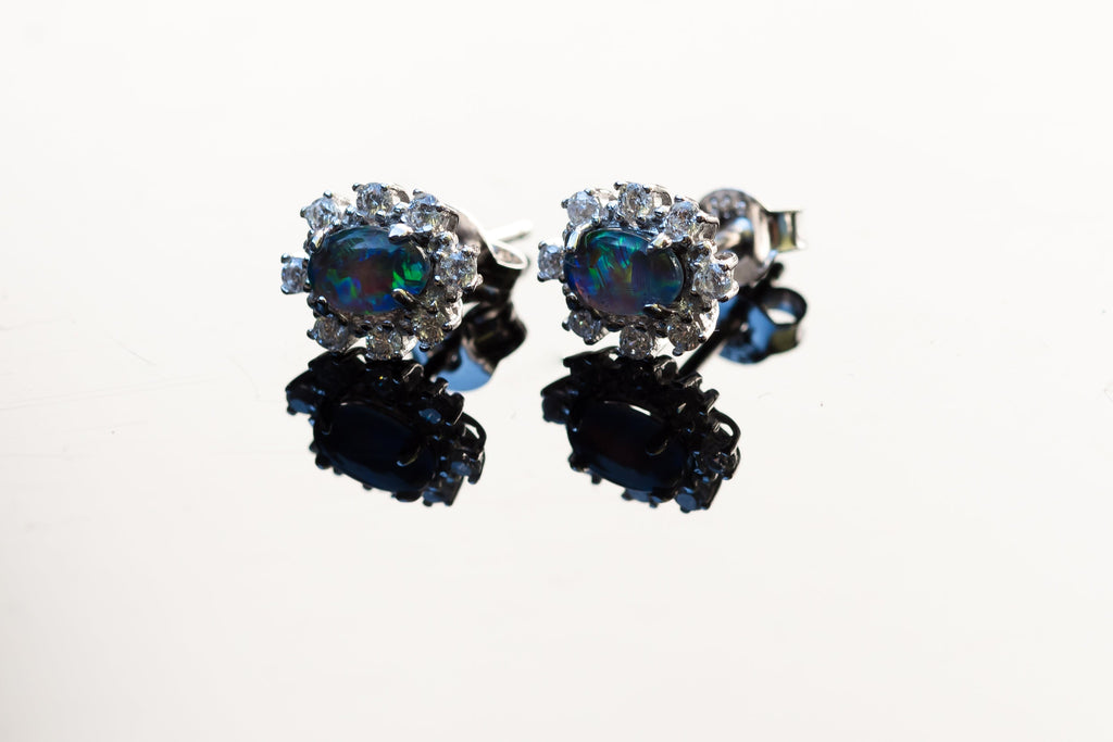 Dainty Australian Opal Earrings - Green Blue Fire Opal - Genuine Australian Triplet Opal Earrings in Sterling Silver White Gold Plated