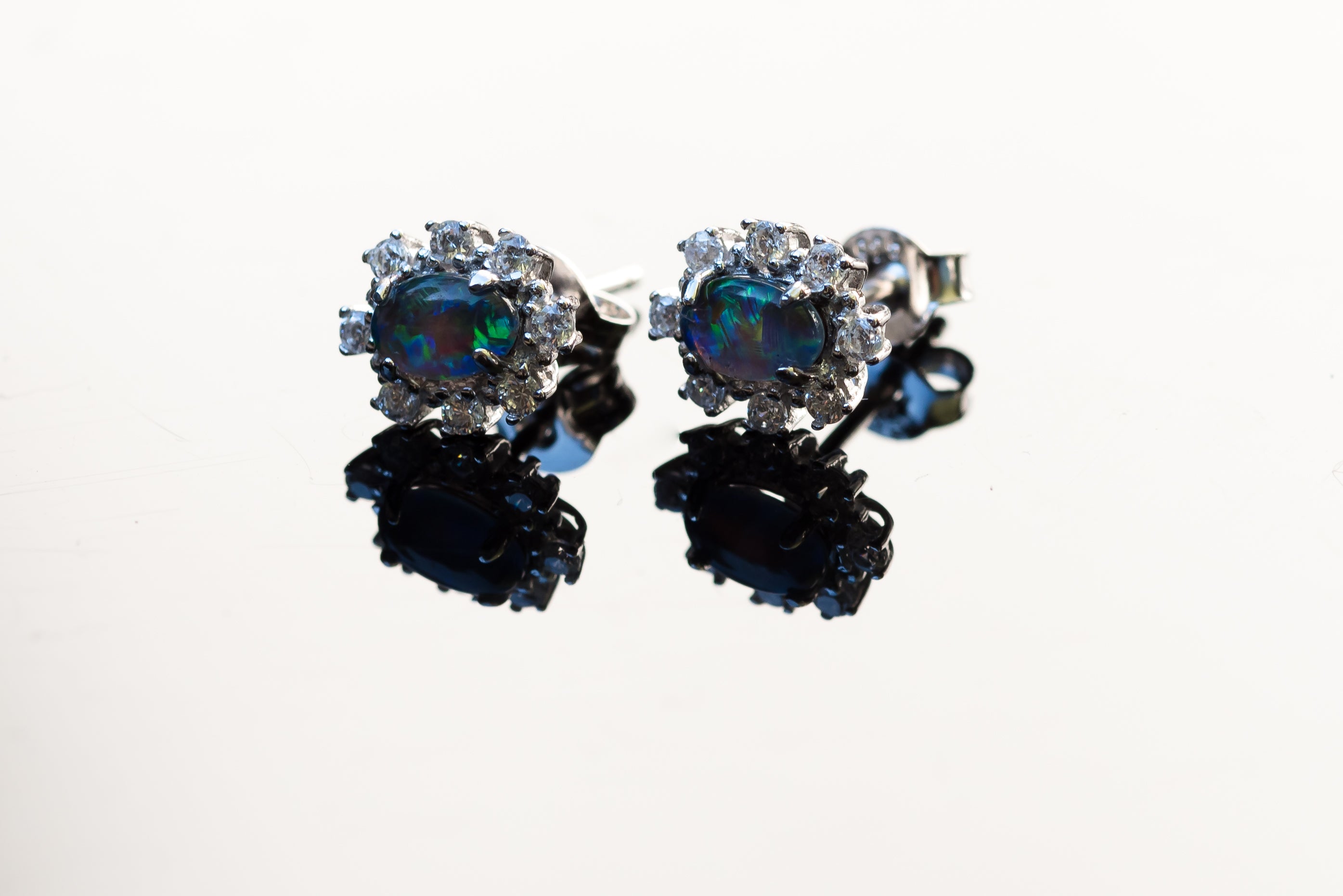 Dainty Australian Opal Earrings - Green Blue Fire Opal - Genuine Australian Triplet Opal Earrings in Sterling Silver White Gold Plated