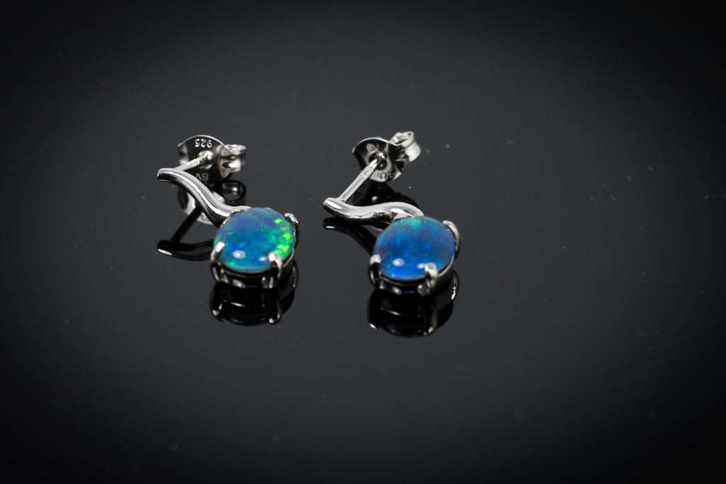 Australian Triplet Opal Earrings -Ocean Blue Opal - Genuine Australian Triplet Opal Earrings in Sterling Silver White Gold Plated