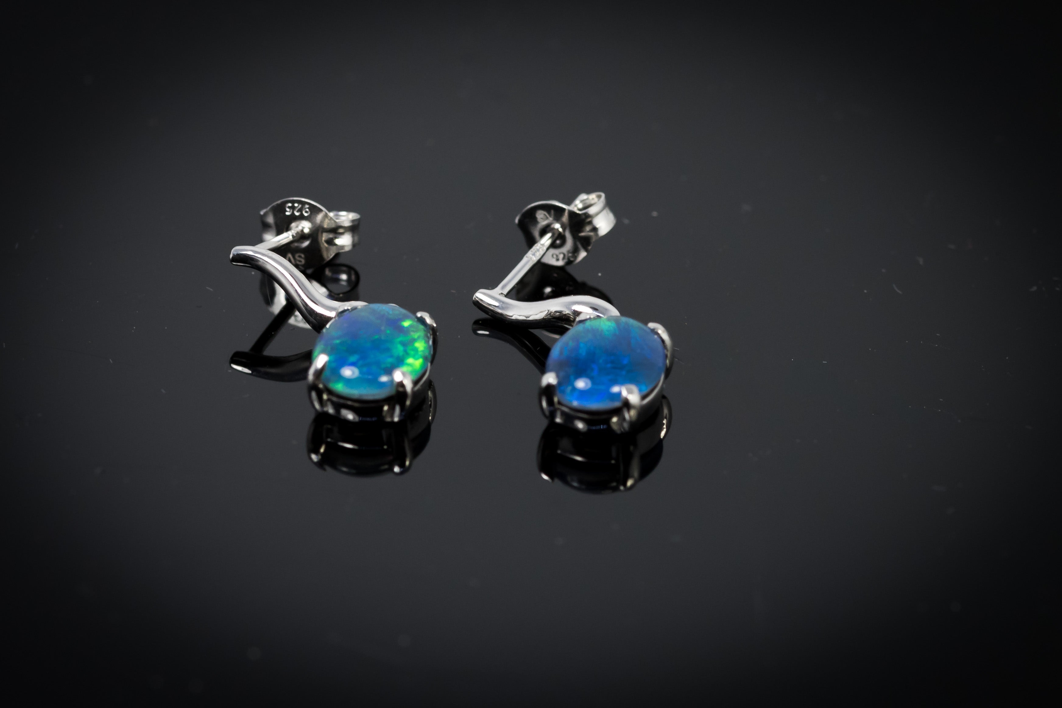 Australian Triplet Opal Earrings -Ocean Blue Opal - Genuine Australian Triplet Opal Earrings in Sterling Silver White Gold Plated