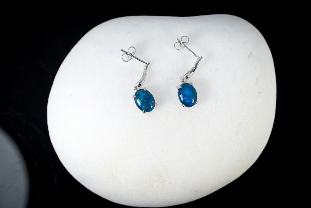 Australian Triplet Opal Earrings -Ocean Blue Opal - Genuine Australian Triplet Opal Earrings in Sterling Silver White Gold Plated