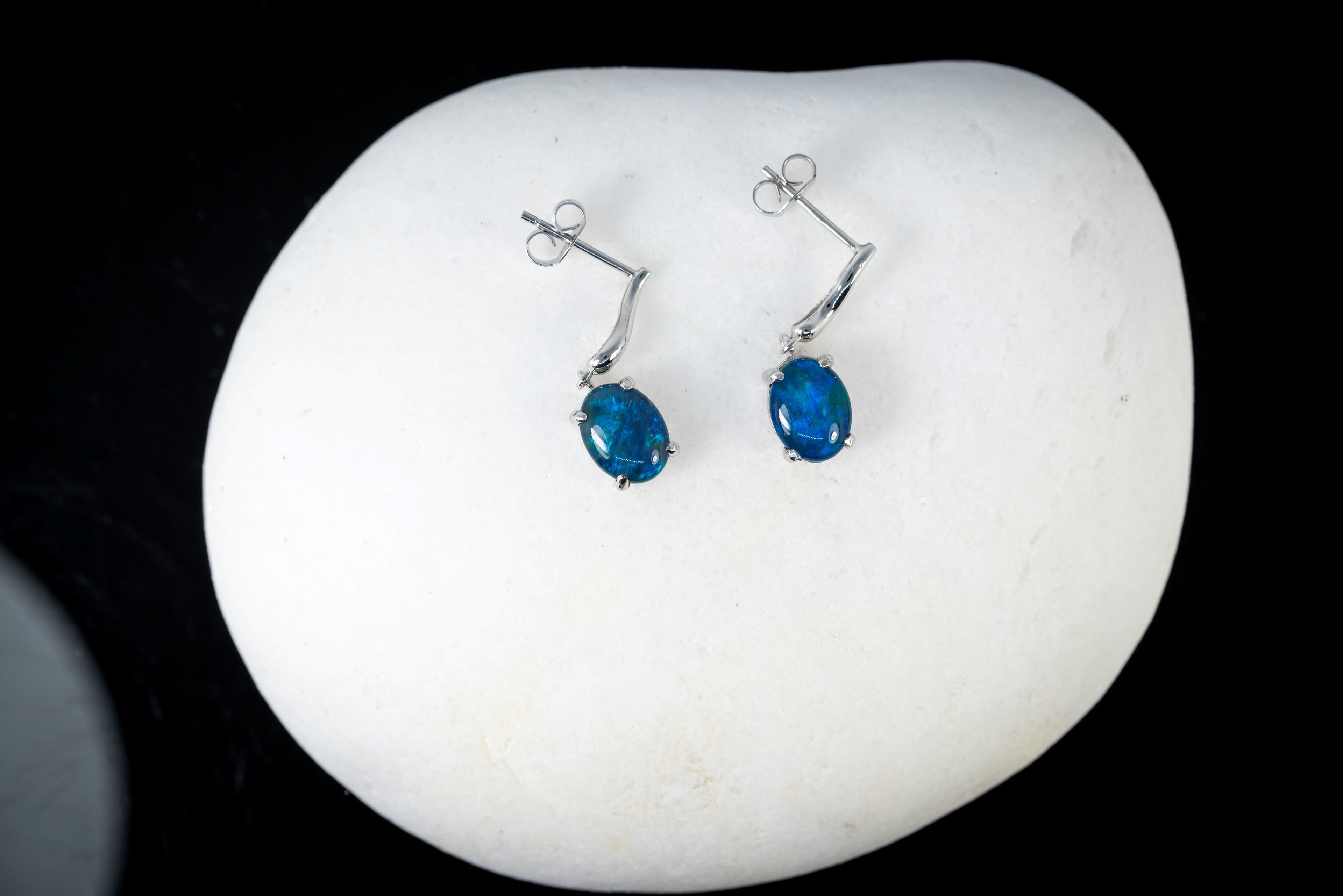 Australian Triplet Opal Earrings -Ocean Blue Opal - Genuine Australian Triplet Opal Earrings in Sterling Silver White Gold Plated