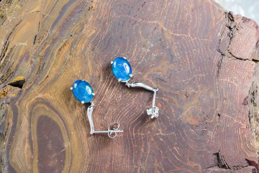 Australian Triplet Opal Earrings -Ocean Blue Opal - Genuine Australian Triplet Opal Earrings in Sterling Silver White Gold Plated
