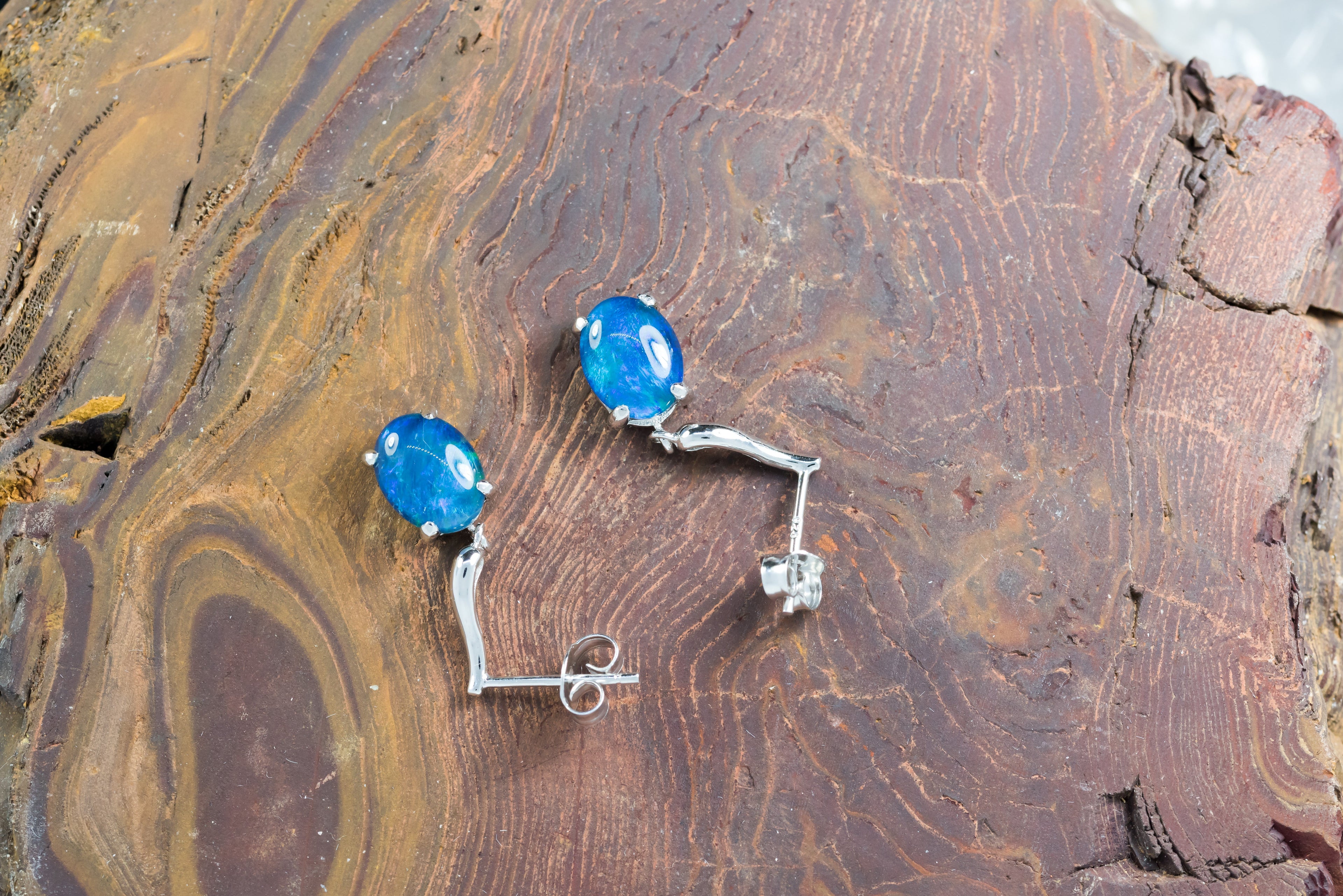 Australian Triplet Opal Earrings -Ocean Blue Opal - Genuine Australian Triplet Opal Earrings in Sterling Silver White Gold Plated