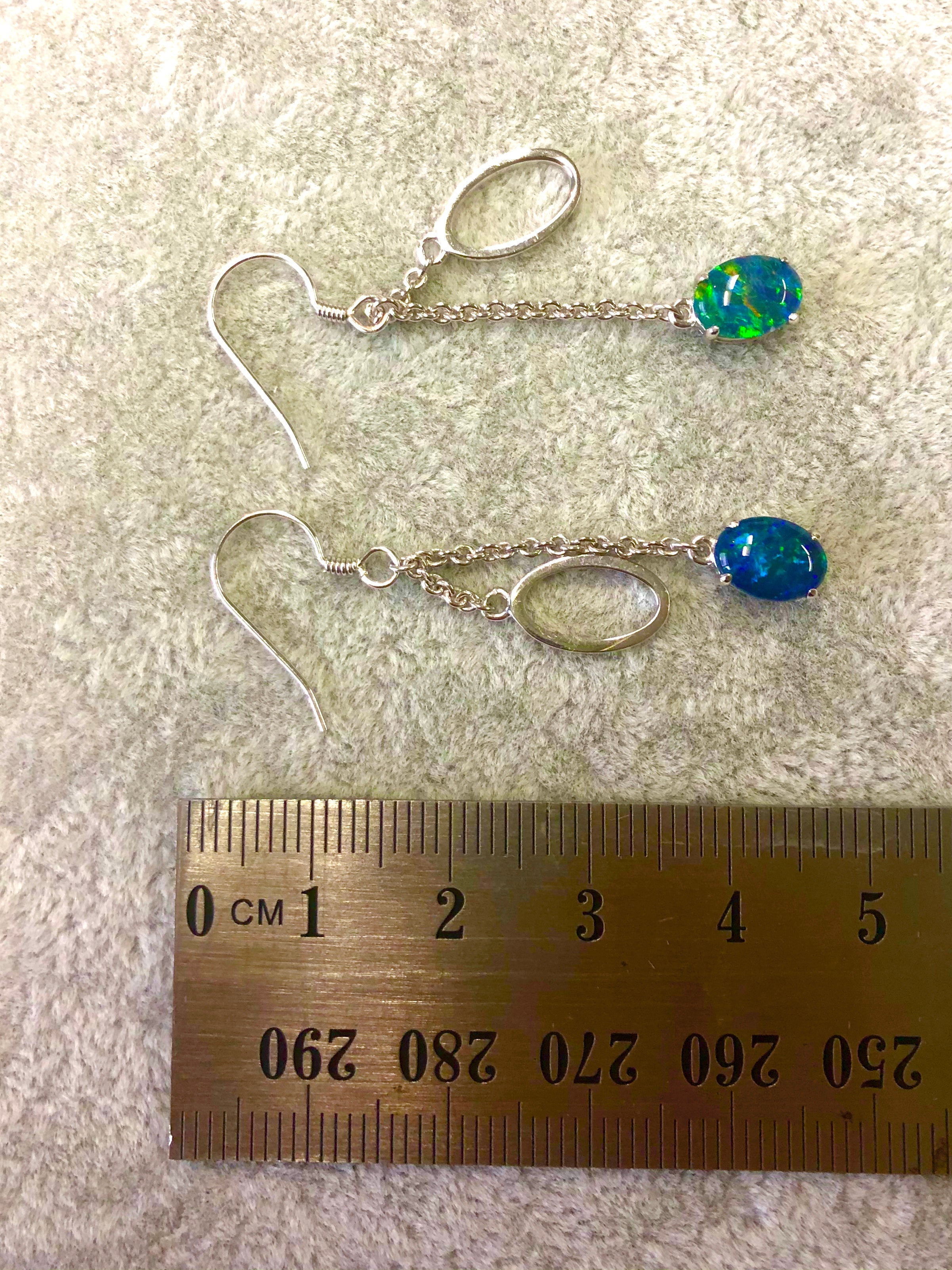 Australian Triplet Opal Earrings - Green Blue Fire Opal - Genuine Australian Triplet Opal Earrings in Sterling Silver White Gold Plated