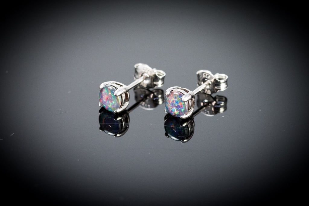 Dainty Australian Triplet Opal Earrings - Multi Colour Dainty Opal - Genuine Australian Triplet Opal Earrings in Sterling Silver White Gold Plated