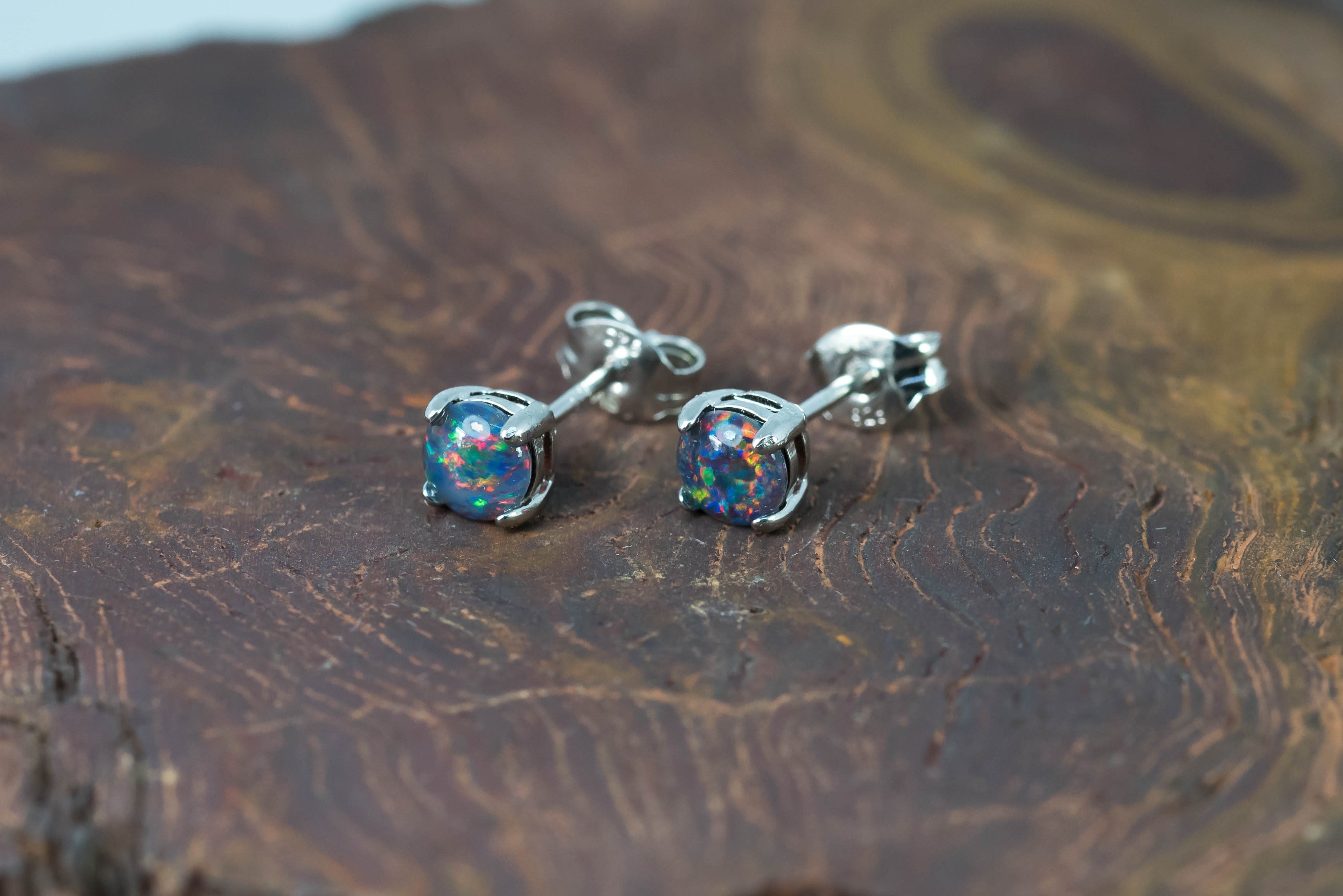 Dainty Australian Triplet Opal Earrings - Multi Colour Dainty Opal - Genuine Australian Triplet Opal Earrings in Sterling Silver White Gold Plated