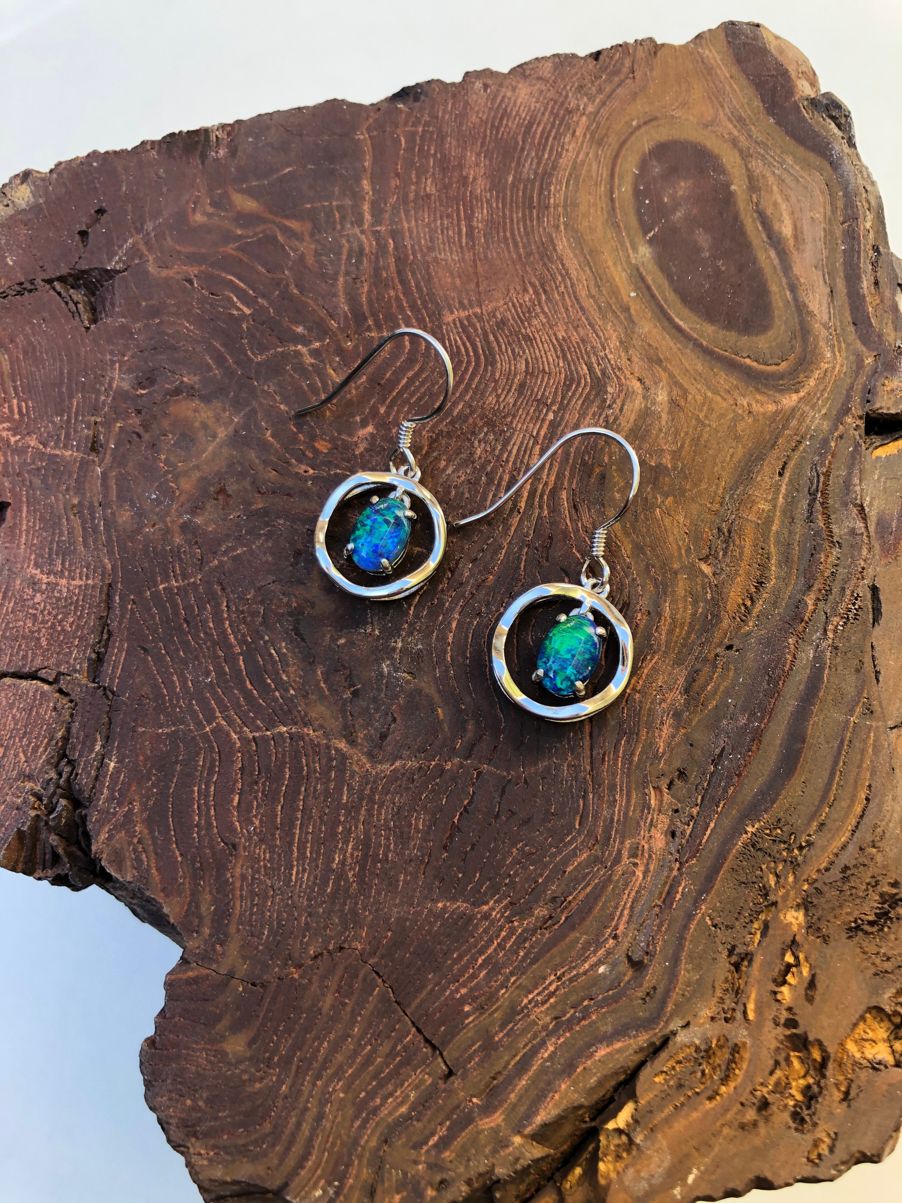 Australian Triplet Opal Earrings - Green Blue Fire Opal - Genuine Australian Triplet Opal Earrings in Sterling Silver White Gold Plated