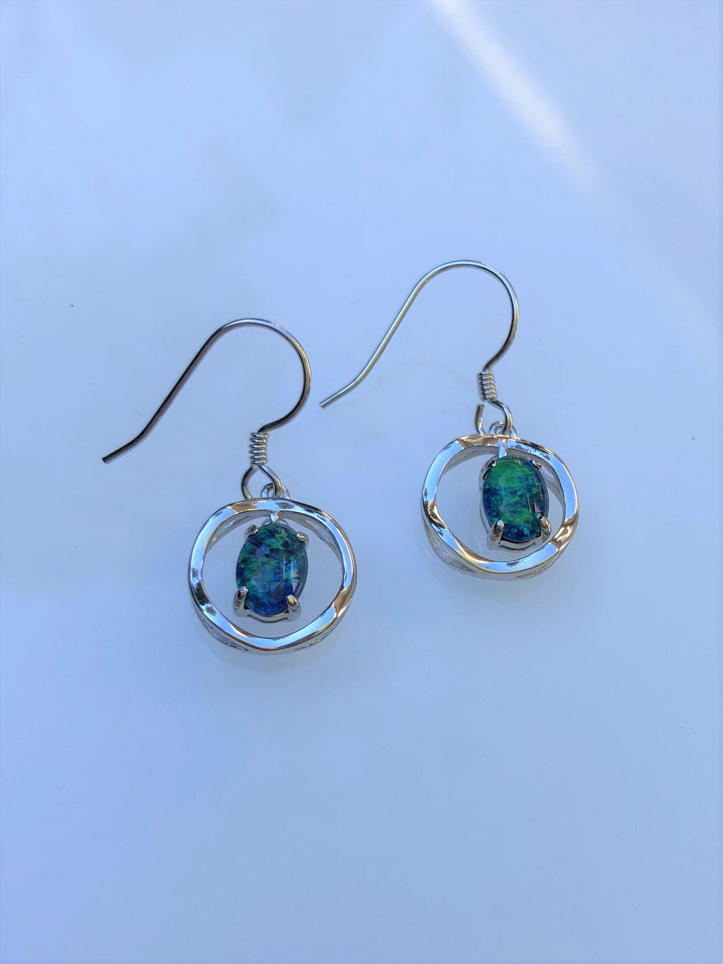 Australian Triplet Opal Earrings - Green Blue Fire Opal - Genuine Australian Triplet Opal Earrings in Sterling Silver White Gold Plated