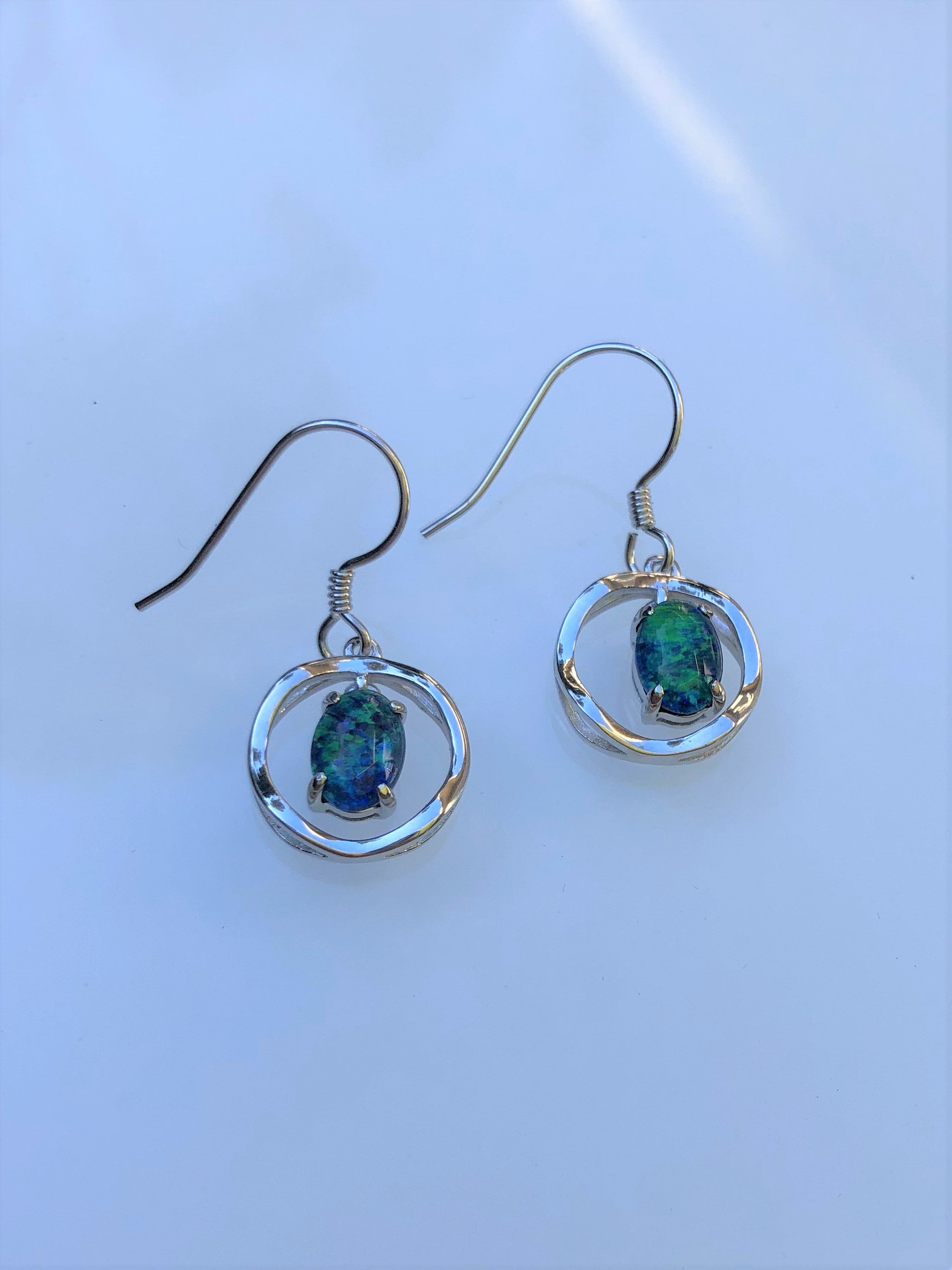 Australian Triplet Opal Earrings - Green Blue Fire Opal - Genuine Australian Triplet Opal Earrings in Sterling Silver White Gold Plated