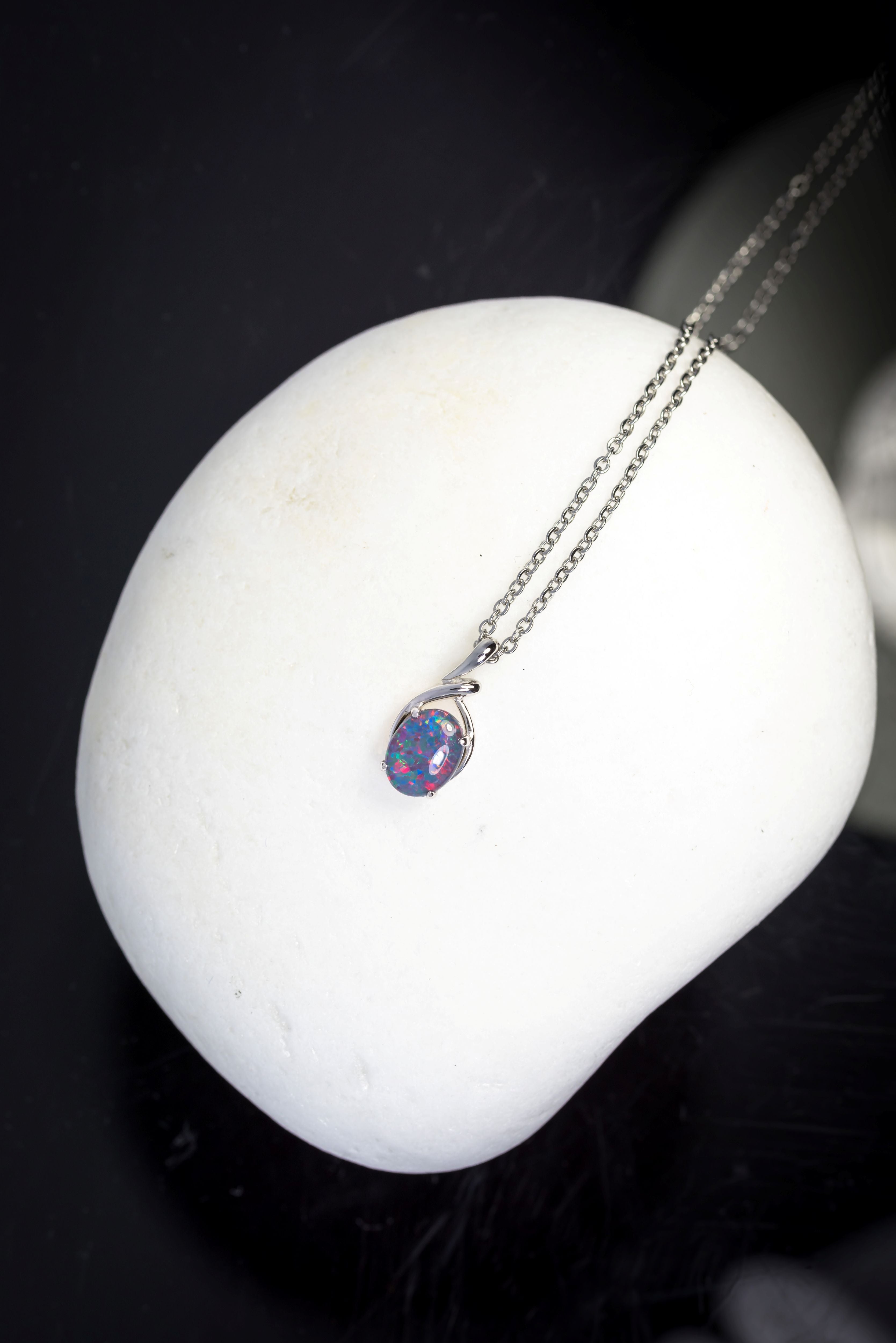 Danity Australia Triplet Opal Necklace - Multi Color Pendant - Genuine Australian Triplet Opal Necklace Pendant in Sterling Silver White Gold Plated