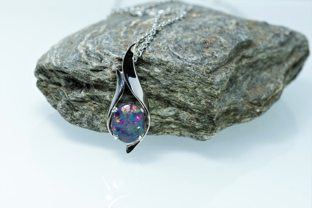 Australian Black Opal Triplet - Genuine Australian Triplet Opal Necklace Pendant - White Gold Plated on Sterling Silver Women's Jewelry