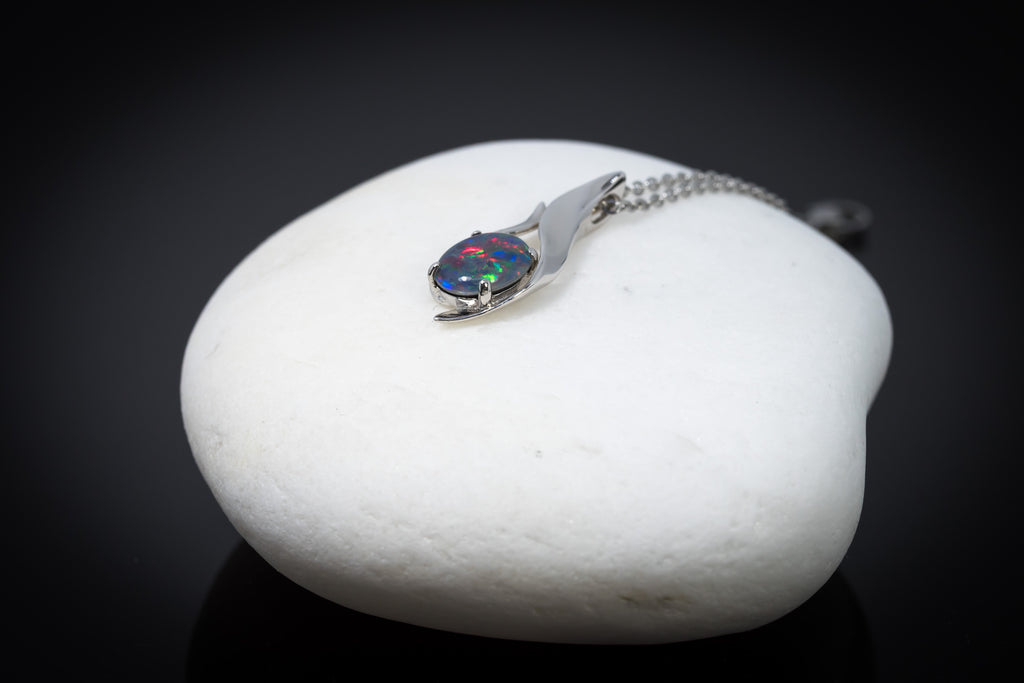 Australian Black Opal Triplet - Genuine Australian Triplet Opal Necklace Pendant - White Gold Plated on Sterling Silver Women's Jewelry