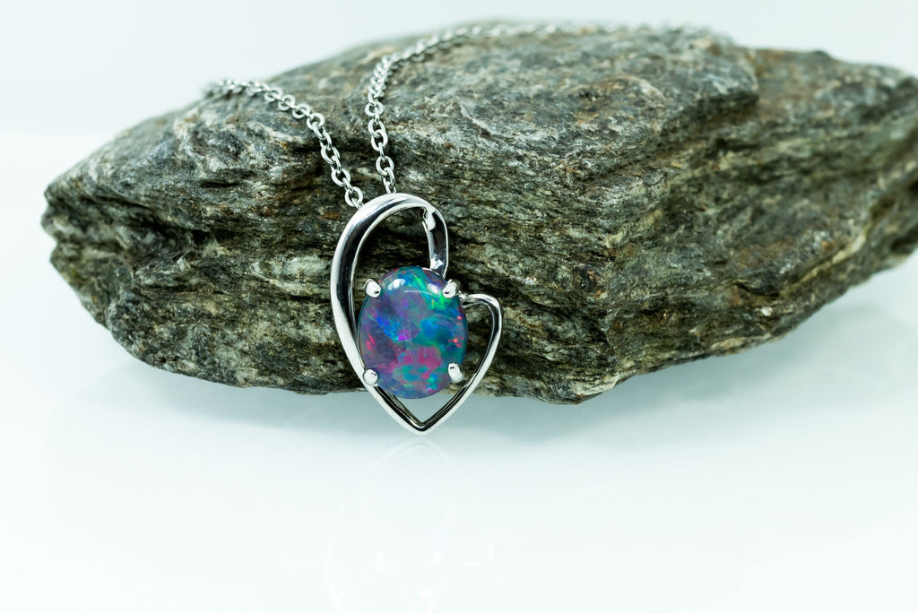 Australian Triplet Opal - Multi Color Fire Opal Necklace - - Heart Design - Genuine Australian Triplet Opal Necklace Pendant in Sterling Silver White Gold Plated