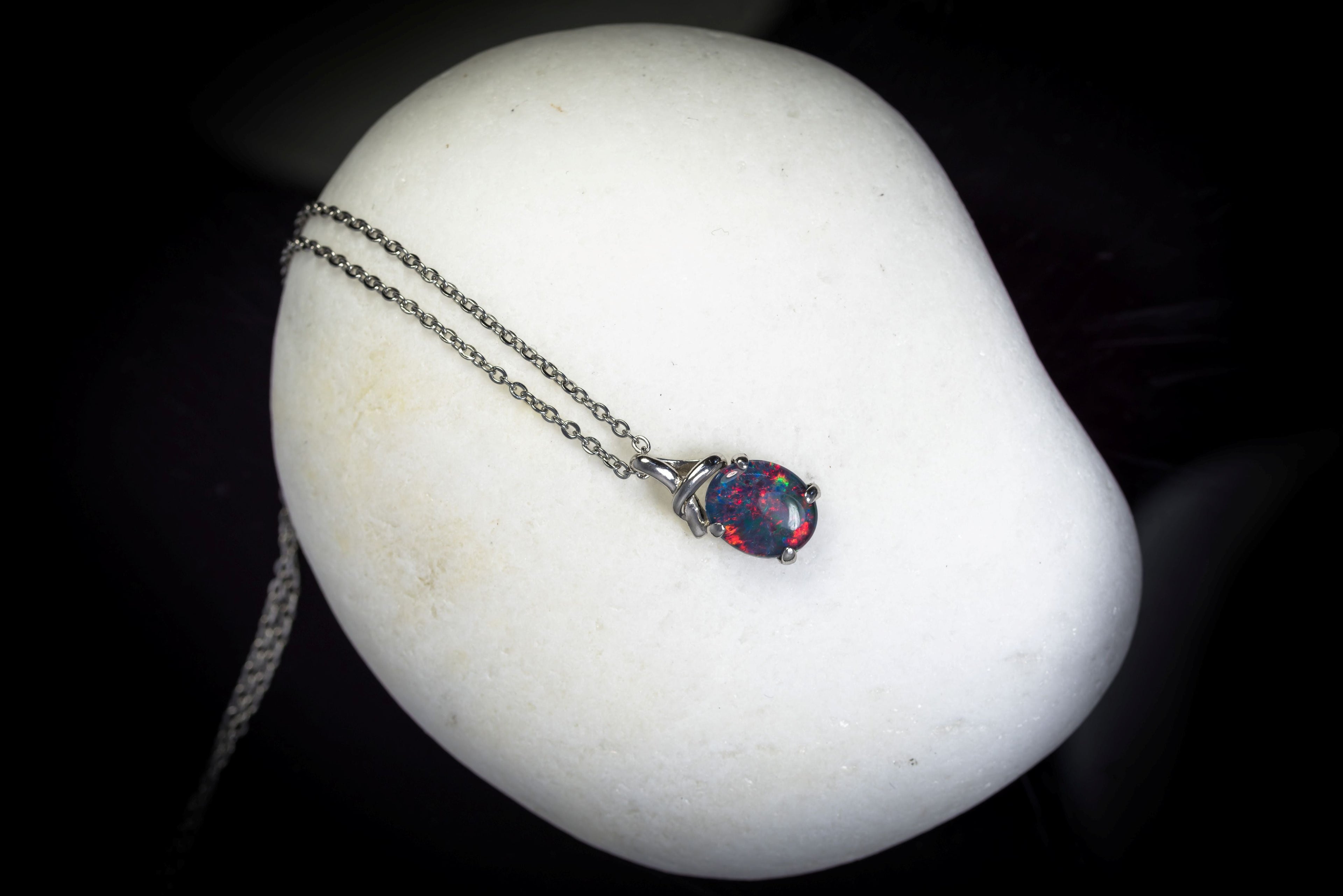 Australian Triplet Opal - Multi Color Fiery Opal Necklace - Genuine Australian Triplet Opal Necklace Pendant in Sterling Silver White Gold Plated