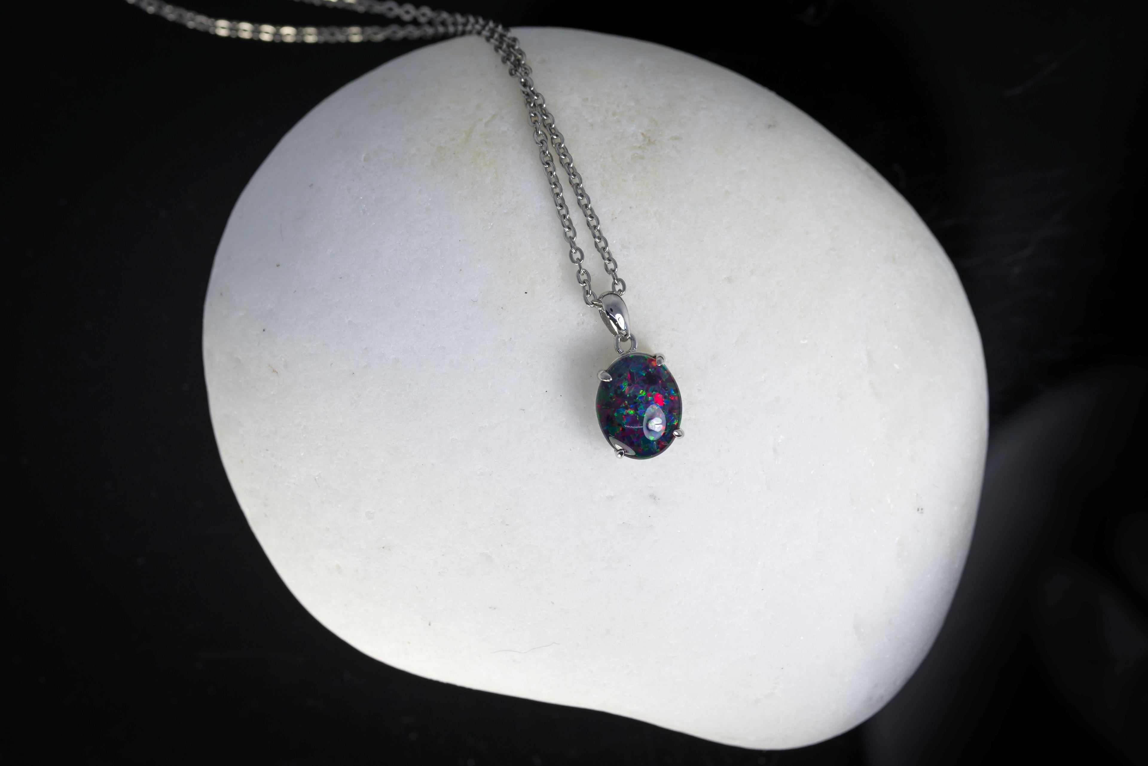 Australian Triplet Opal - Multi Color Fire Opal Necklace - Simple Design - Triplet Opal Pendant in Sterling Silver White Gold Plated