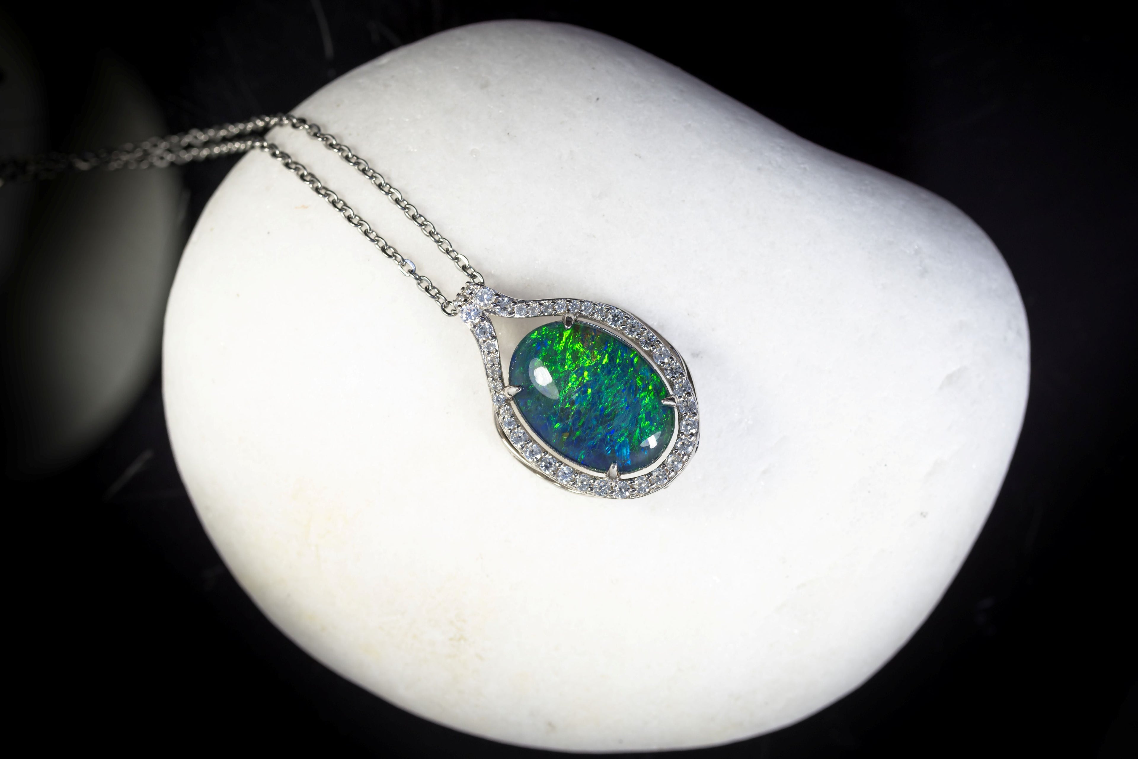 Large Australian Opal - Halo Cluster Green Blue Color Fire Opal Necklace - Opal Pendant in Sterling Silver White Gold Plating Finish
