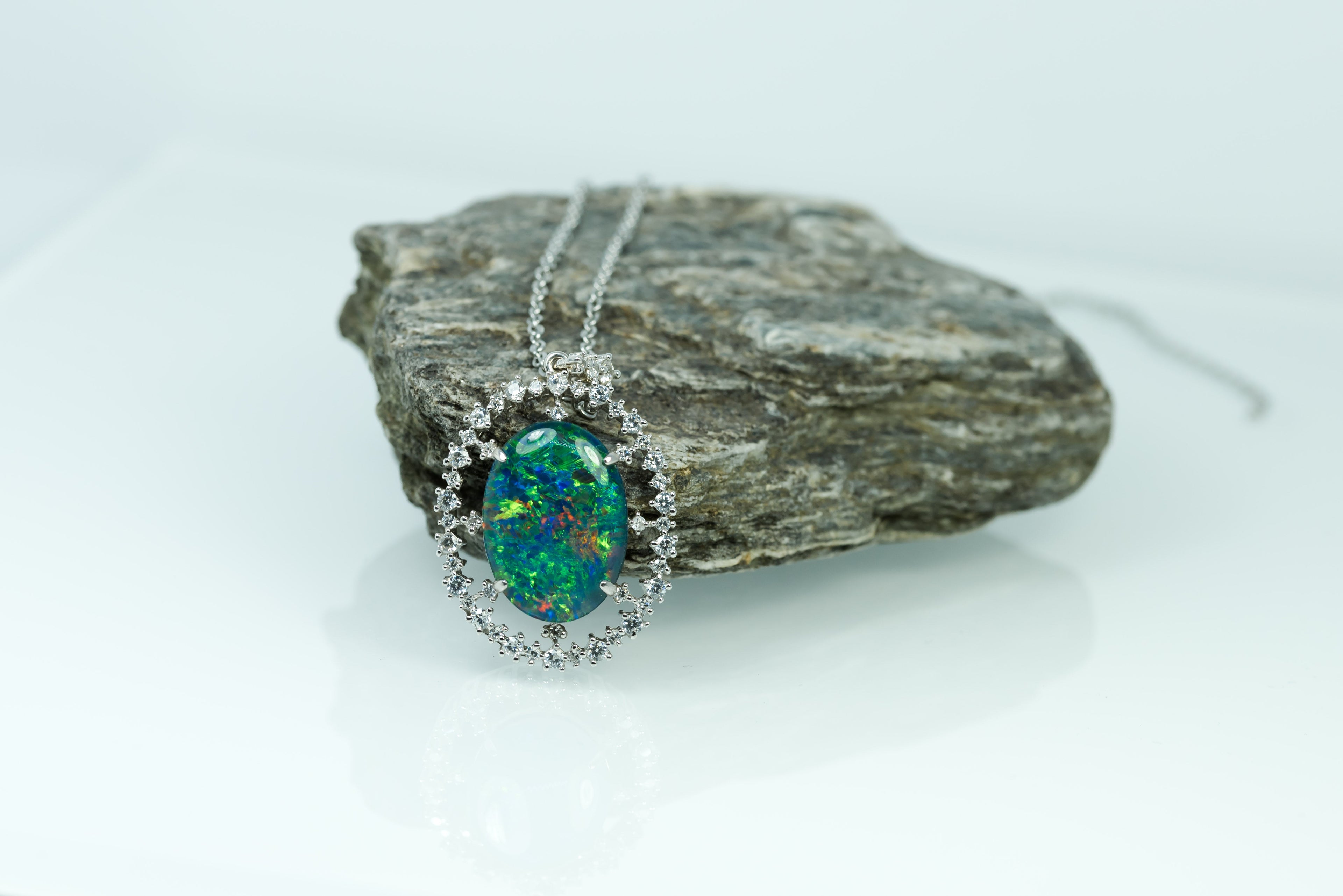 Large Australian Opal - Halo Cluster Multi Color Fire Opal Necklace - Genuine Australian Triplet Opal Necklace Pendant in Sterling Silver White Gold Plated