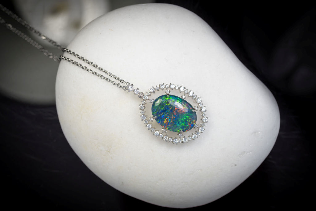 Large Australian Opal - Halo Cluster Multi Color Fire Opal Necklace - Genuine Australian Triplet Opal Necklace Pendant in Sterling Silver White Gold Plated