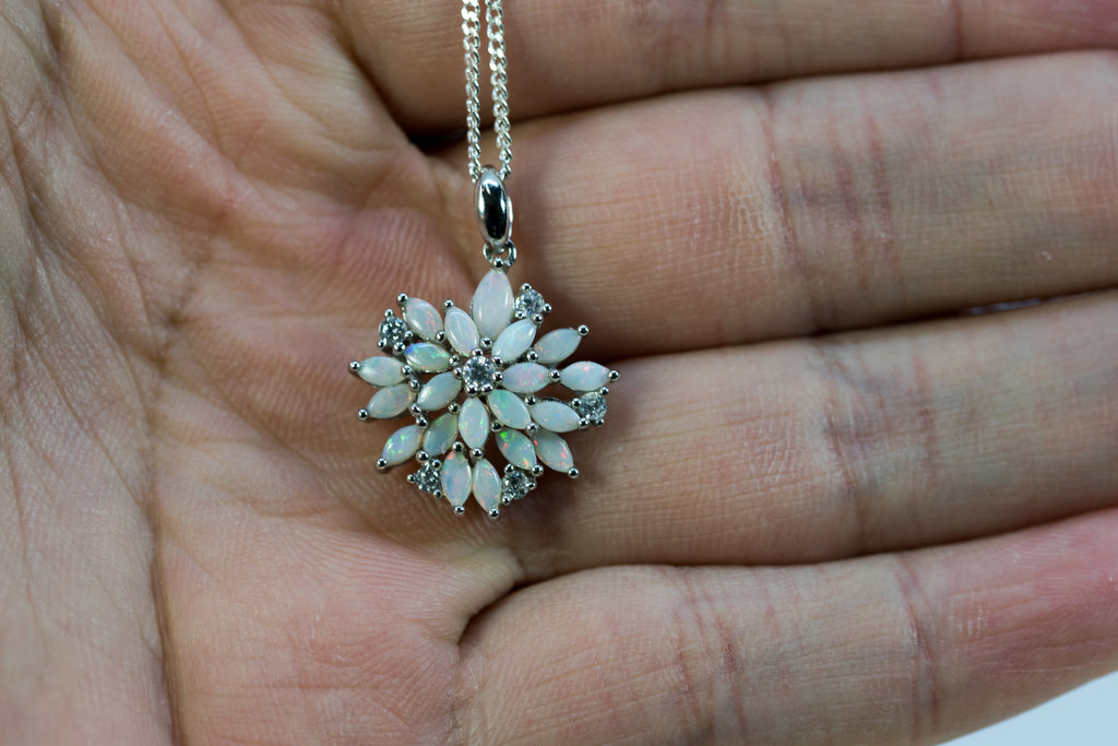 Australian Natural White Opal Necklace: Sterling Silver White Gold Plated Floral Pendant